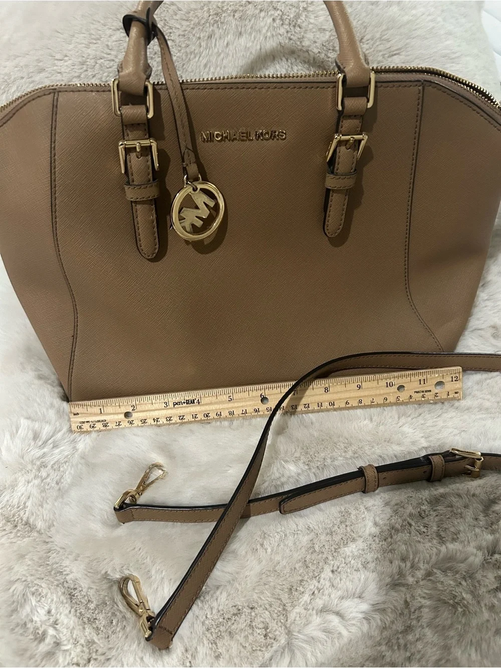 Michael Kors Tan Saffiano Satchel with Gold Accent Charm